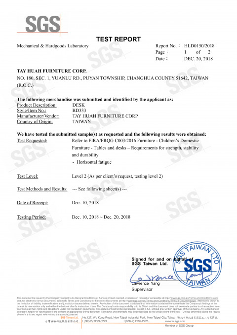 Европейский сертификат SGS Laboratory на стол (Мировой лидер в сфере инспекционных услуг, экспертизы, испытаний и сертификации. Компания признана мировым эталоном качества и профессиональной этики)