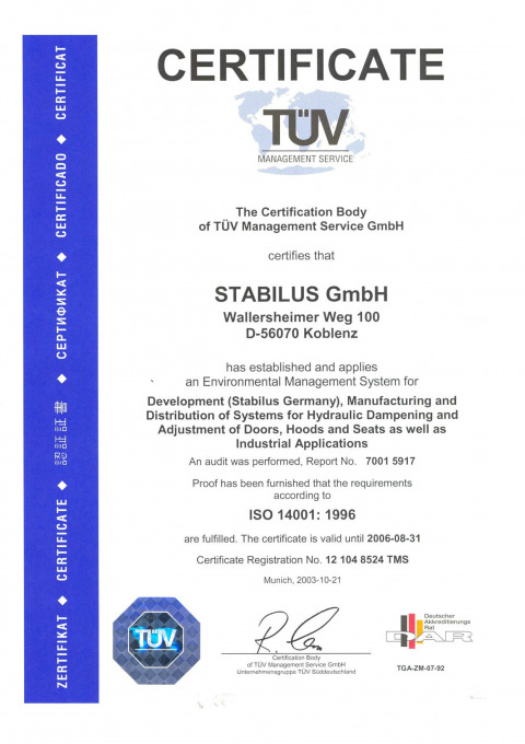 Сертификат на газлифт STABILUS от TÜV Management Service (Немецкая экспертная организация.  Лидер в области экспертизы, испытаний и сертификации)